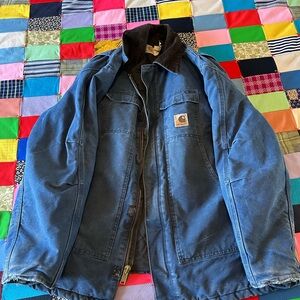 Carhartt Men's Navy Blue Field Jacket with Brown Corduroy Collar